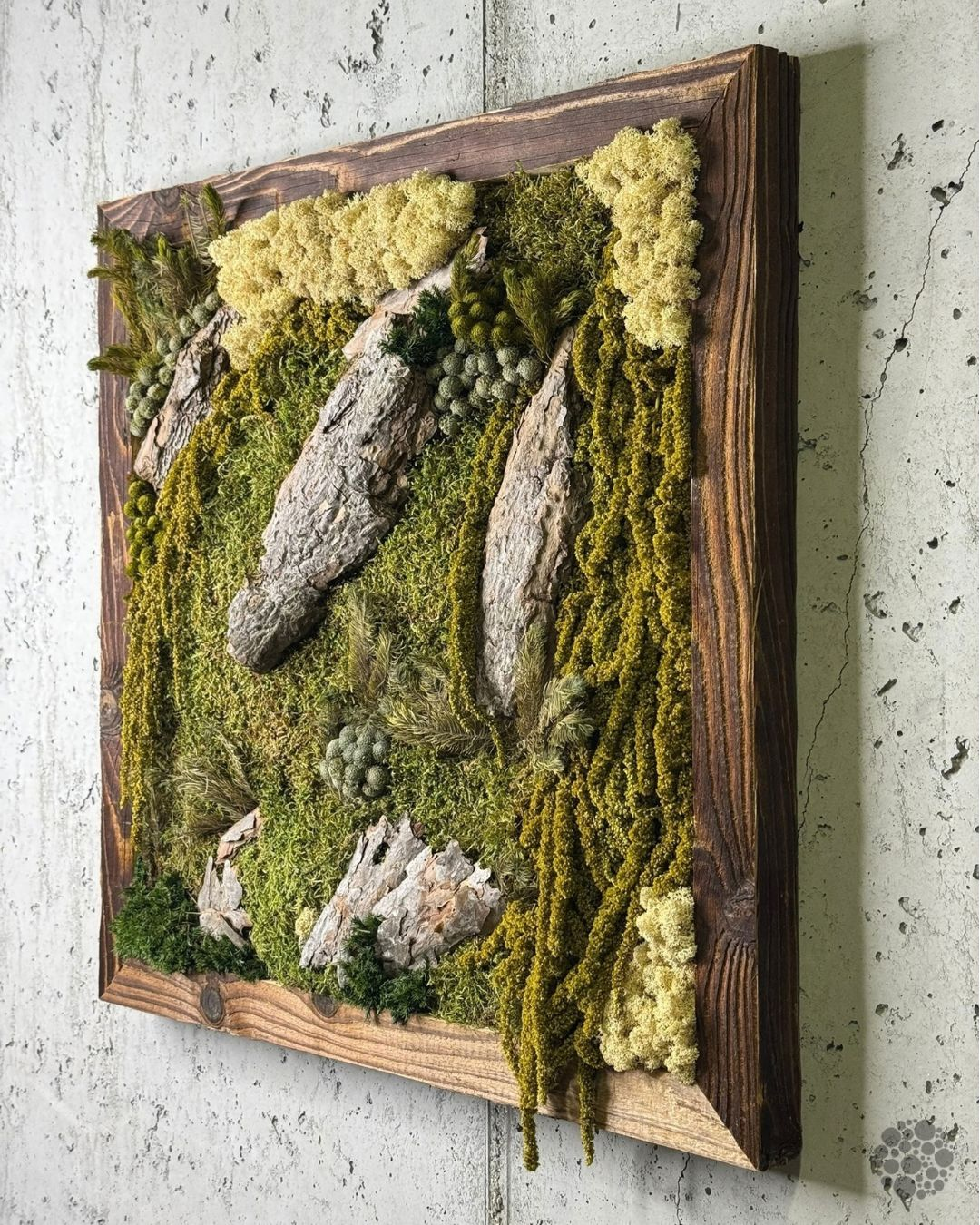 Vista laterale del quadro di muschio Waldspuren con composizione tridimensionale di legno e piante