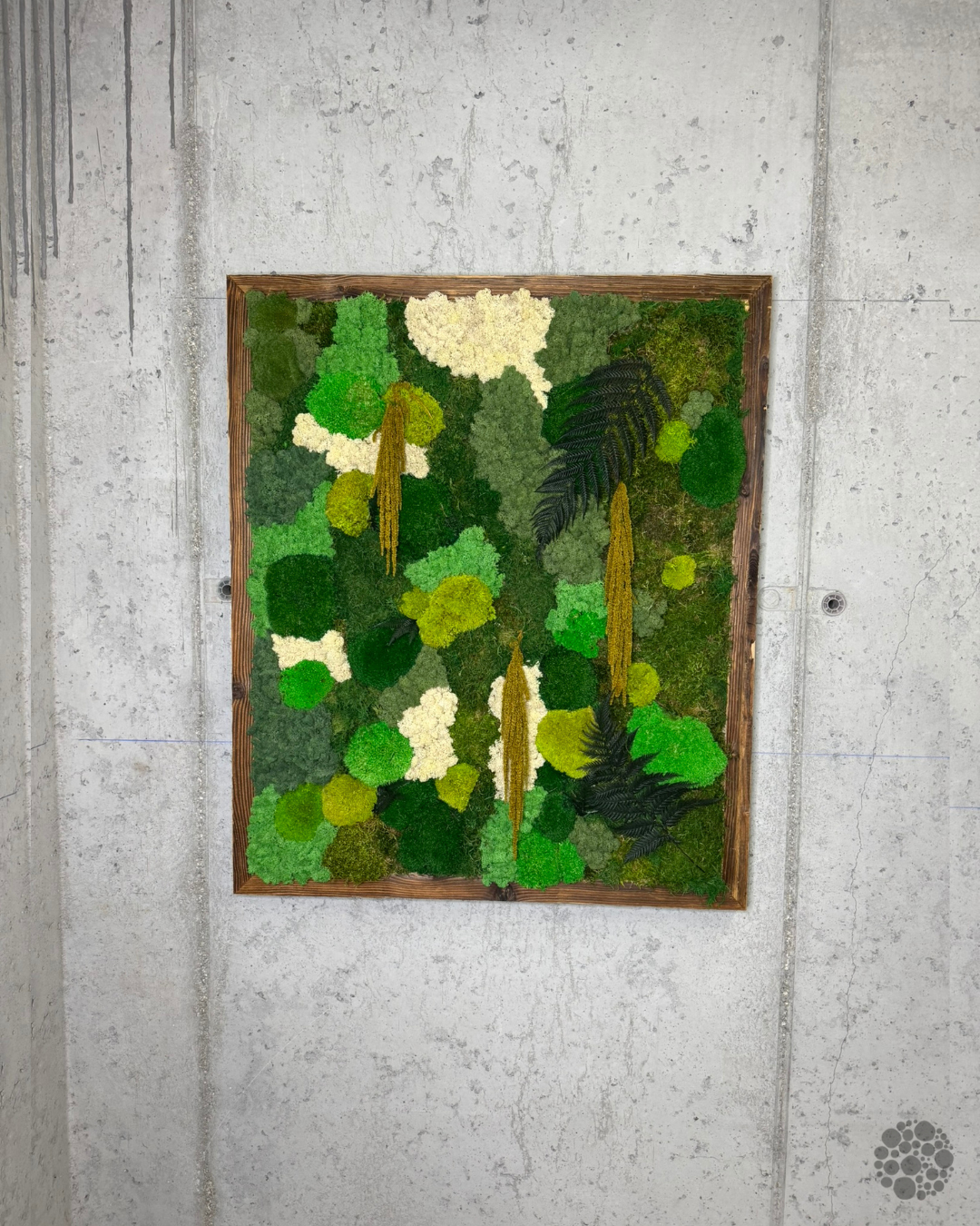 FOREST CASCADE – Grande quadro di muschio con felci e cornice in legno di recupero